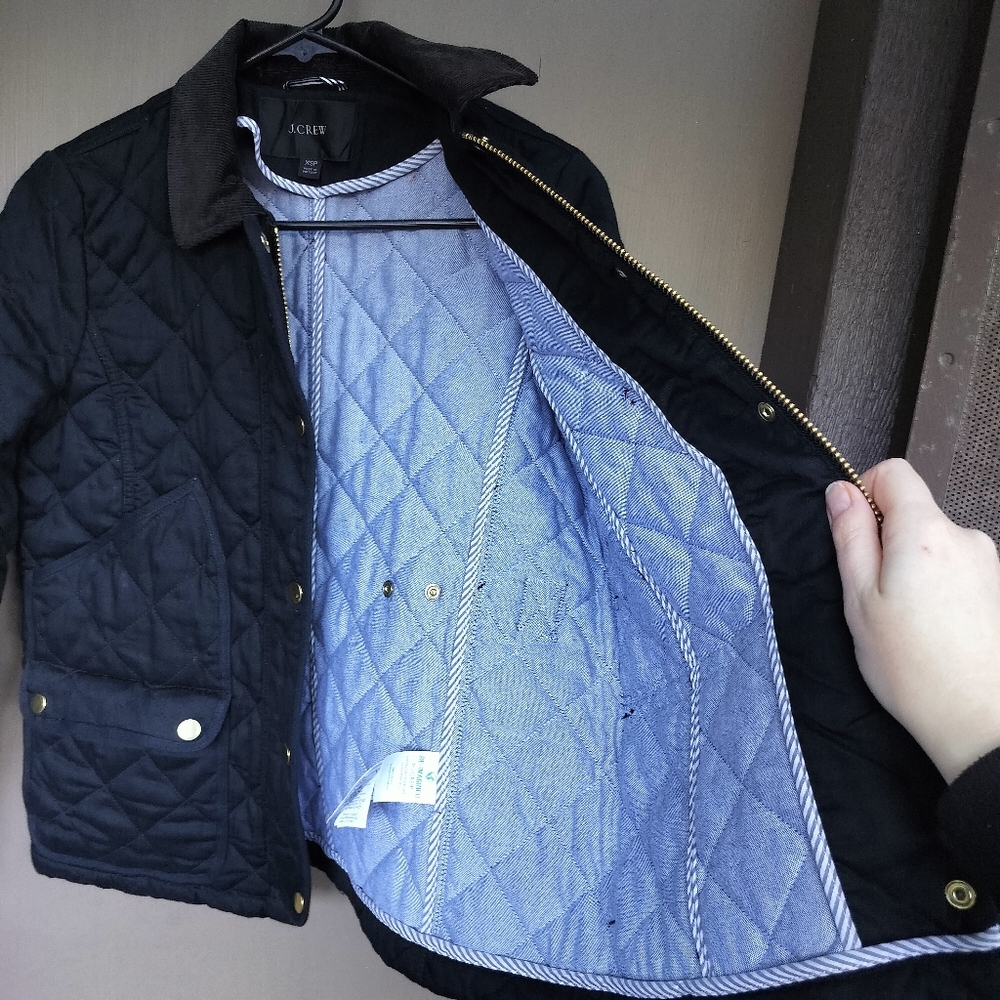 JCrew Black Quilted Barn Jacket Chore Coat Gold Hardware and Corduroy Collar - Picture 5 of 9